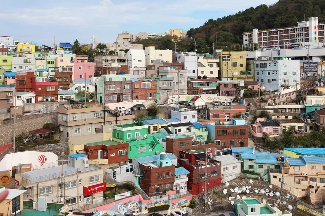 Colorful houses climbing a hillside in Gamcheon Culture Village, Busan