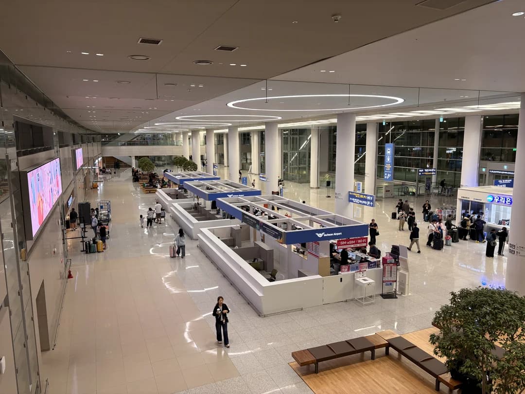 The check-in hall of an airport terminal with rows of counters and a high ceiling