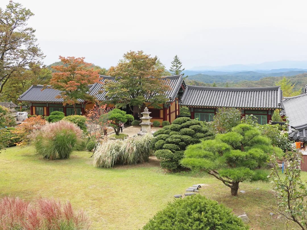 A temple courtyard with traditional buildings, stone lanterns and autumn trees